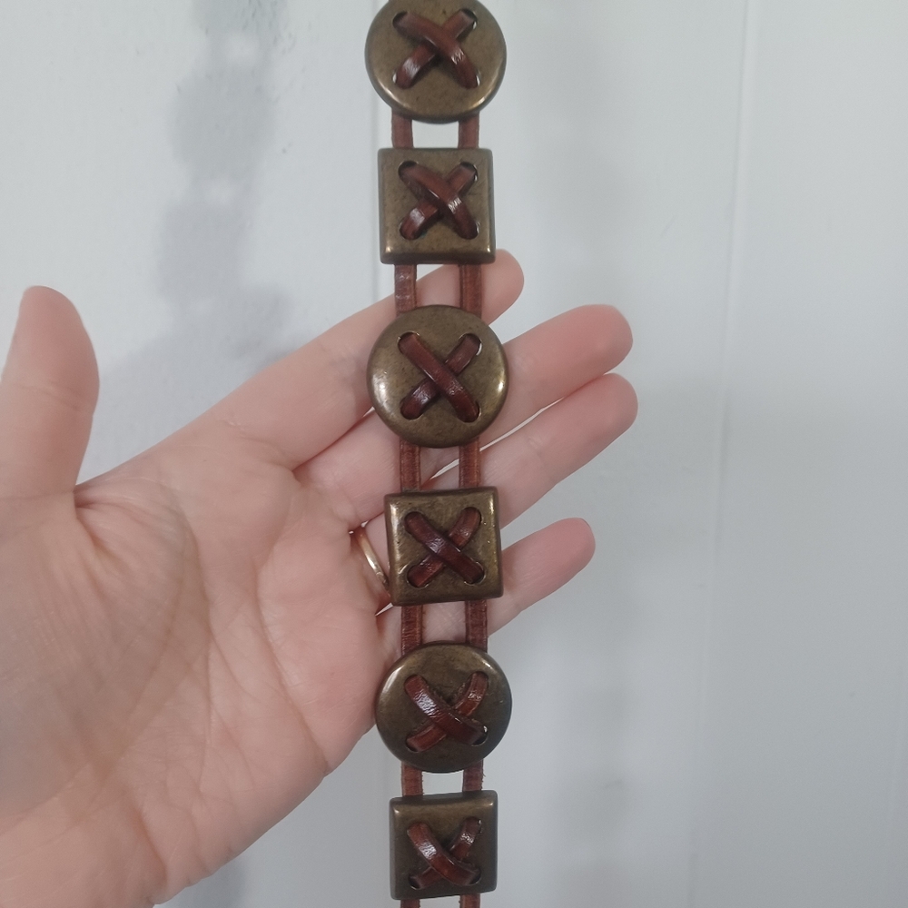 The Limited Brown Leather Belt with Antiqued Brass Studs